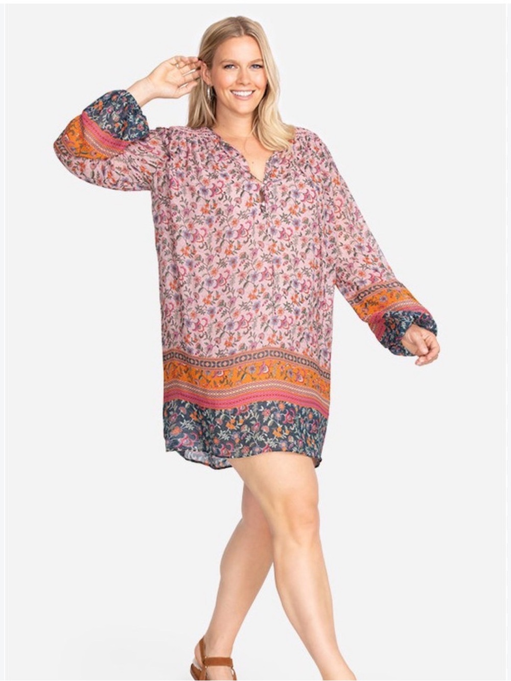 Johnny Was Jade Maha Mini Dress Tunic Smocked Long Sleeve Floral with Border - Picture 4 of 11